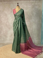 Moss green and onion pink Tusser silk saree -SOT18