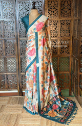 Sandal and Peacock Blue Tusser saree- PBR31T2H
