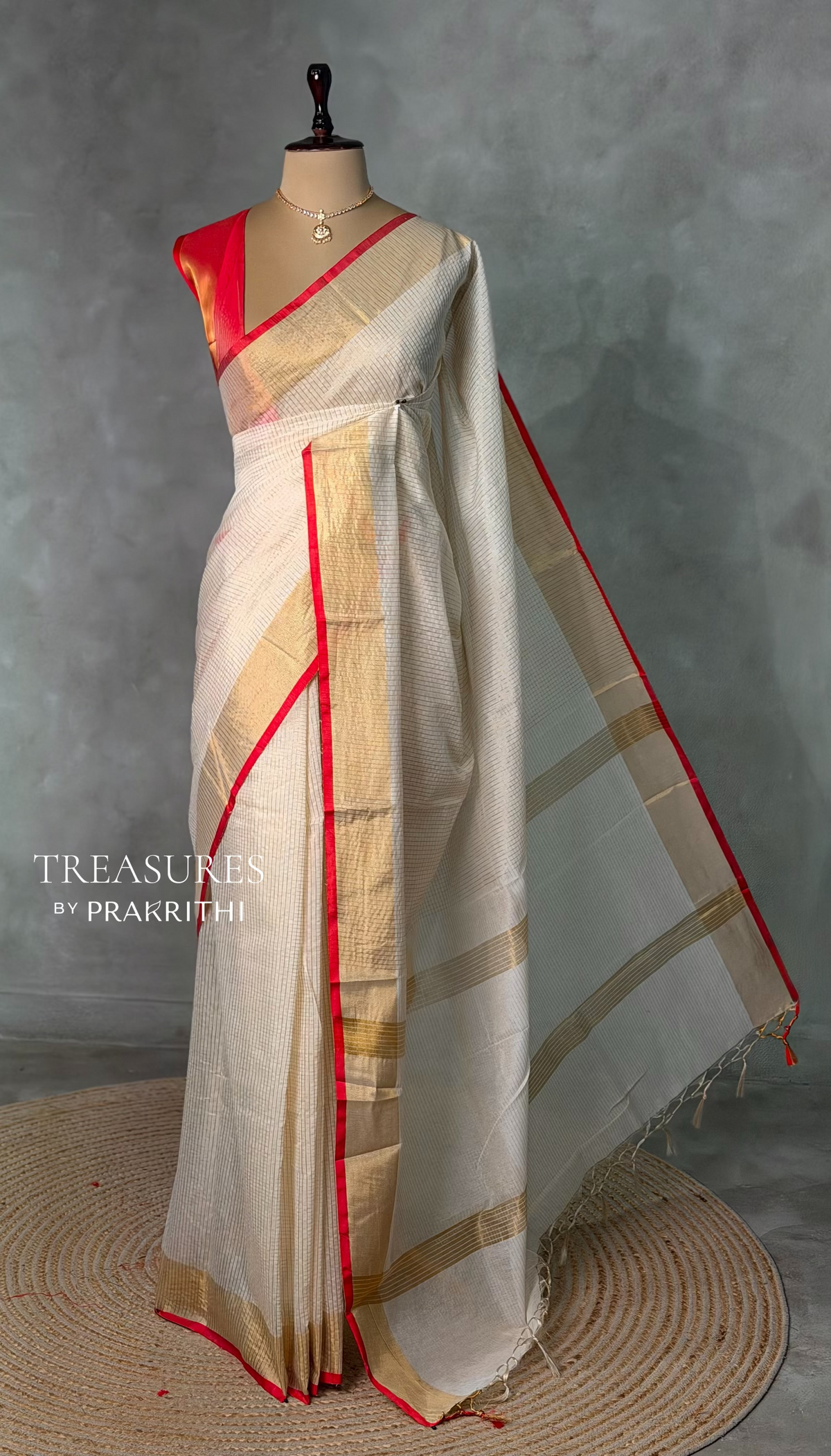 Off white and Red chanderi silk saree - ONAMP1