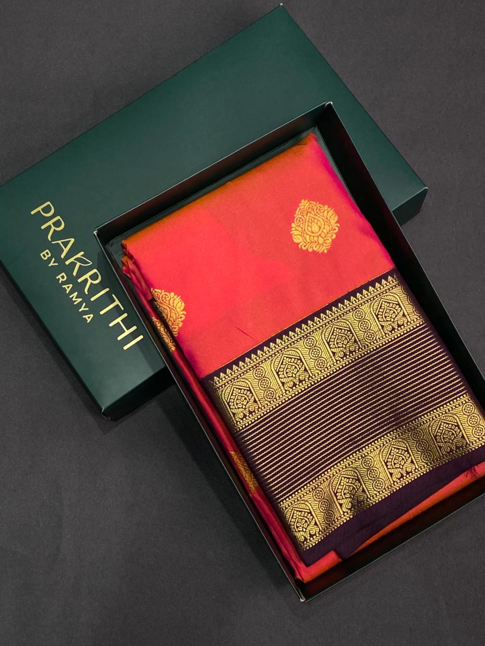Peachish Orange and purple kanchipuram silk saree- PSSR274