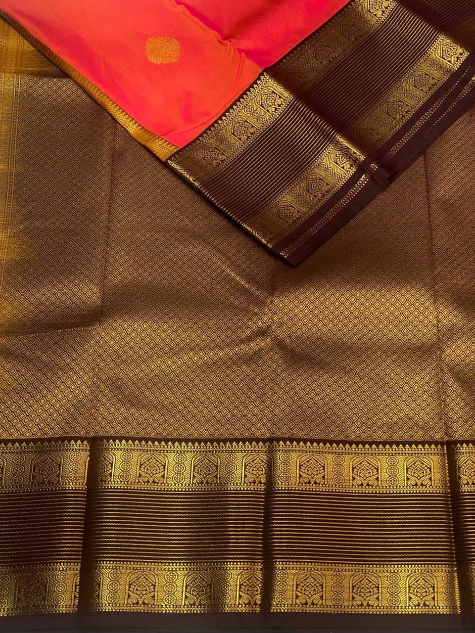 Peachish Orange and purple kanchipuram silk saree- PSSR274
