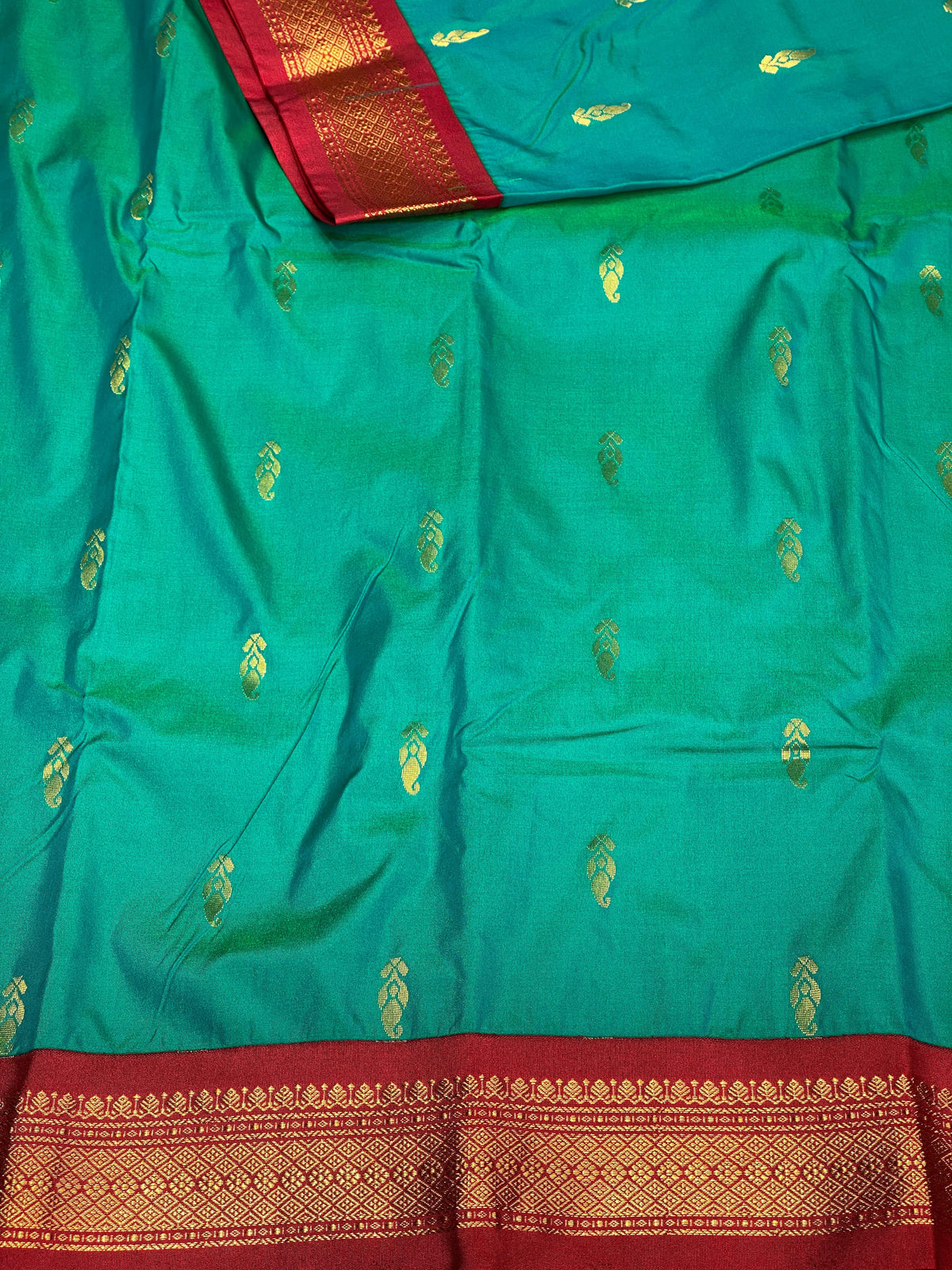 Peacock Green and red traditional kanchi saree - PSSSpeacock