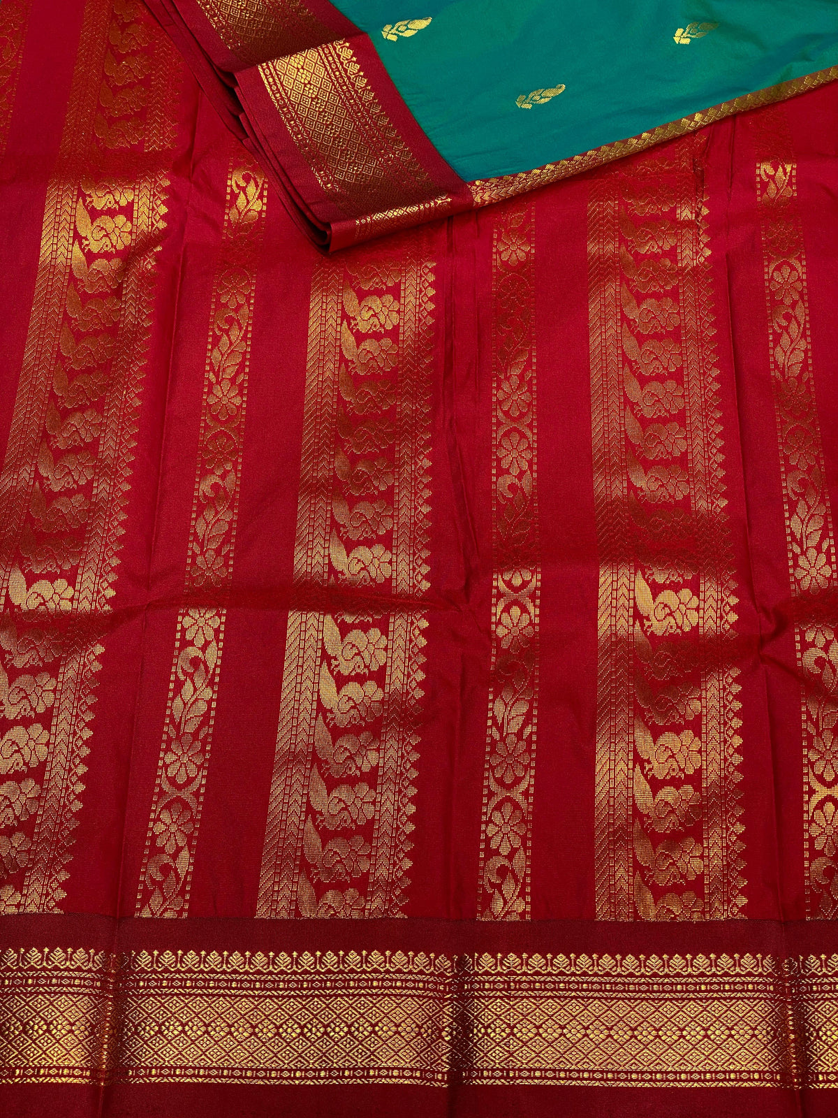 Peacock Green and red traditional kanchi saree - PSSSpeacock