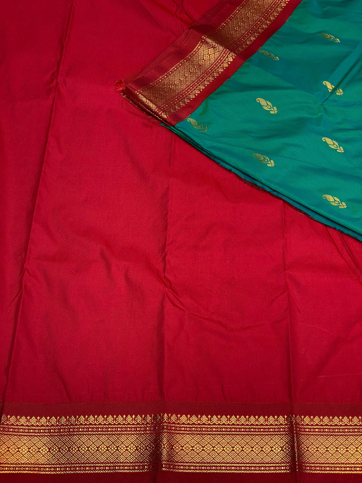 Peacock Green and red traditional kanchi saree - PSSSpeacock