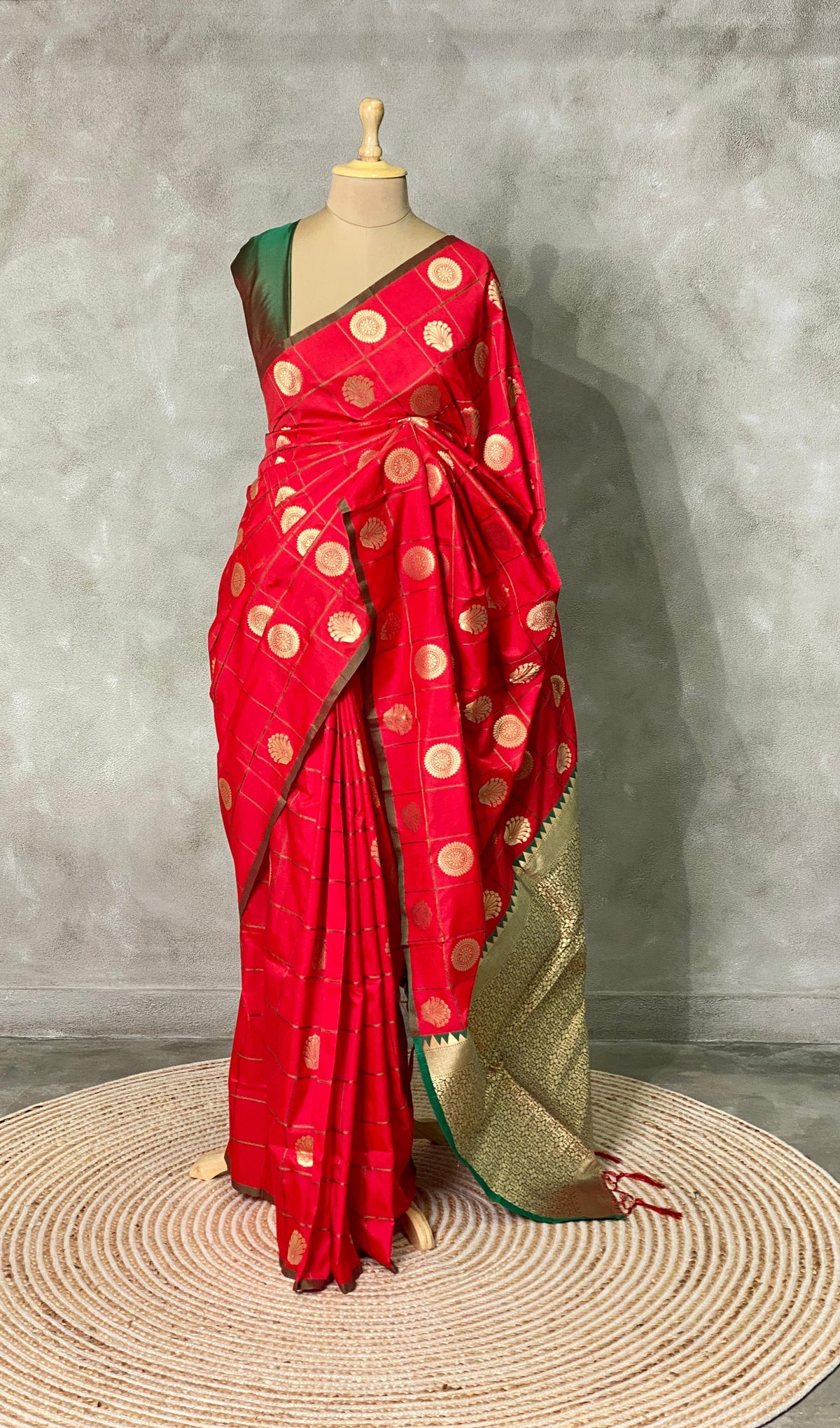 Red and green semi Kanchipuram Soft Silk saree - PRED