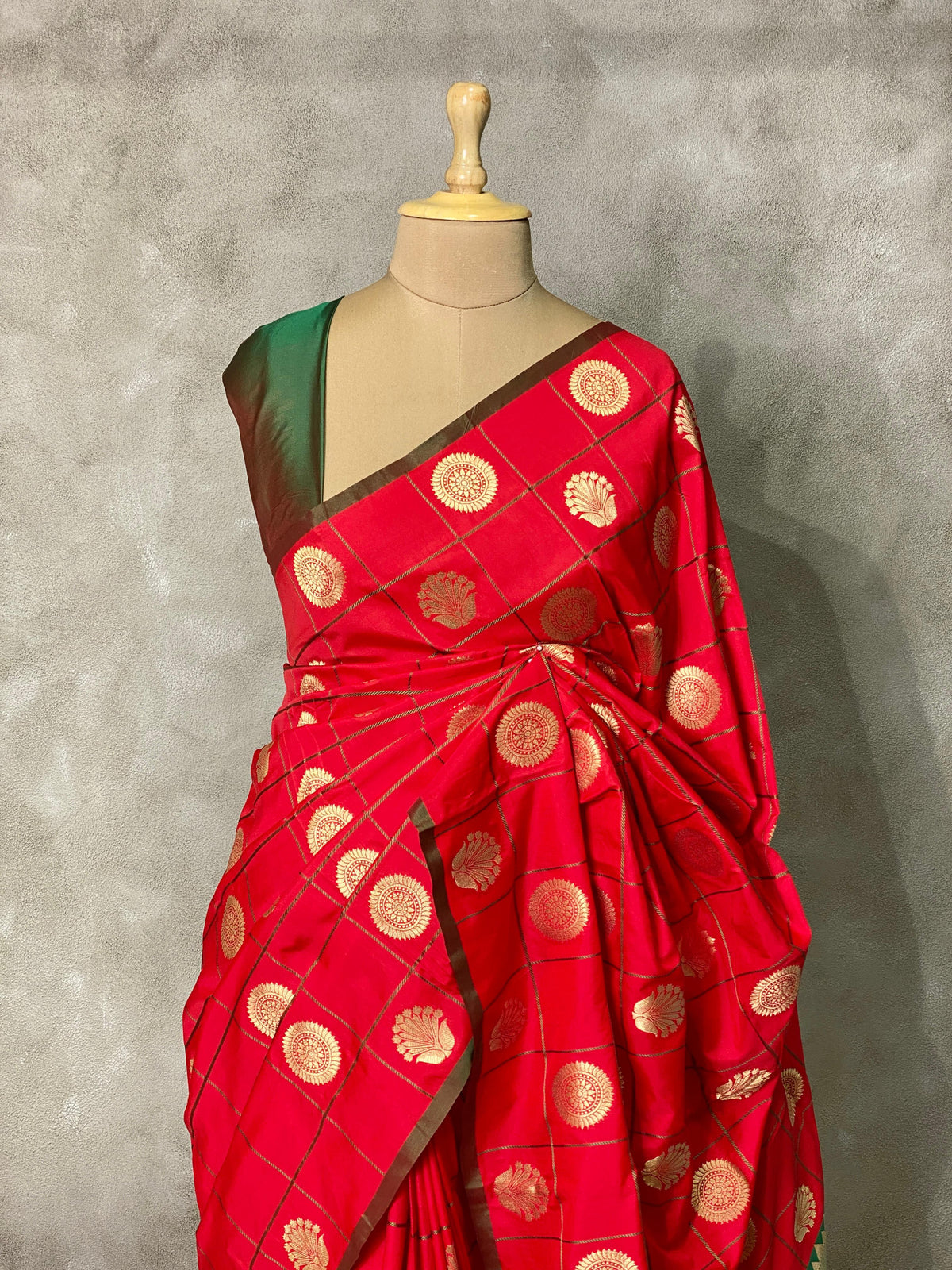 Red and green semi Kanchipuram Soft Silk saree - PRED