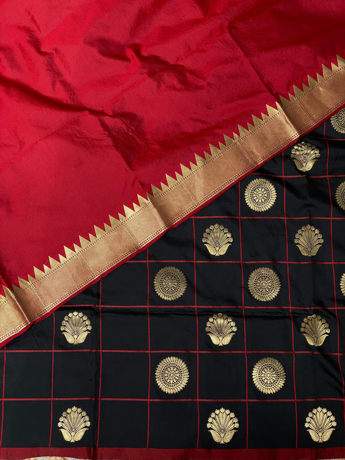 Black and red semi Kanchipuram Soft Silk saree - PBLACK
