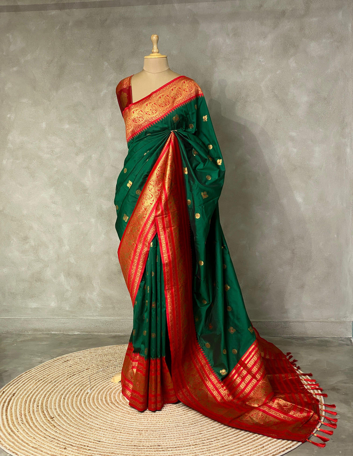 Bottle green and red saree-PSSGREEN