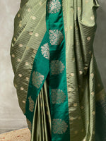 sage green and dark green pure soft silk saree - PSOFT6