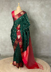 Bottle green maroon pure soft silk saree - PSOFT12