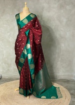 Deep maroon and green pure soft silk saree - PSOFT14