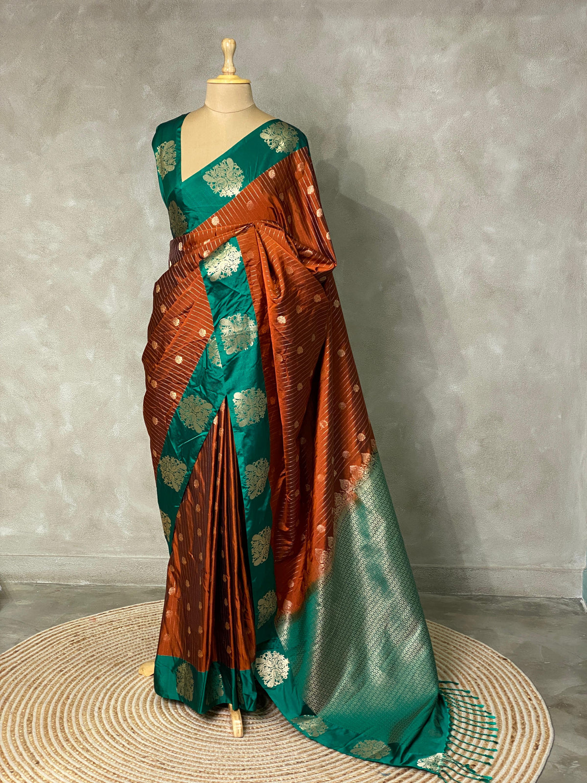 Golden Brown and green pure soft silk saree - PSOFT15