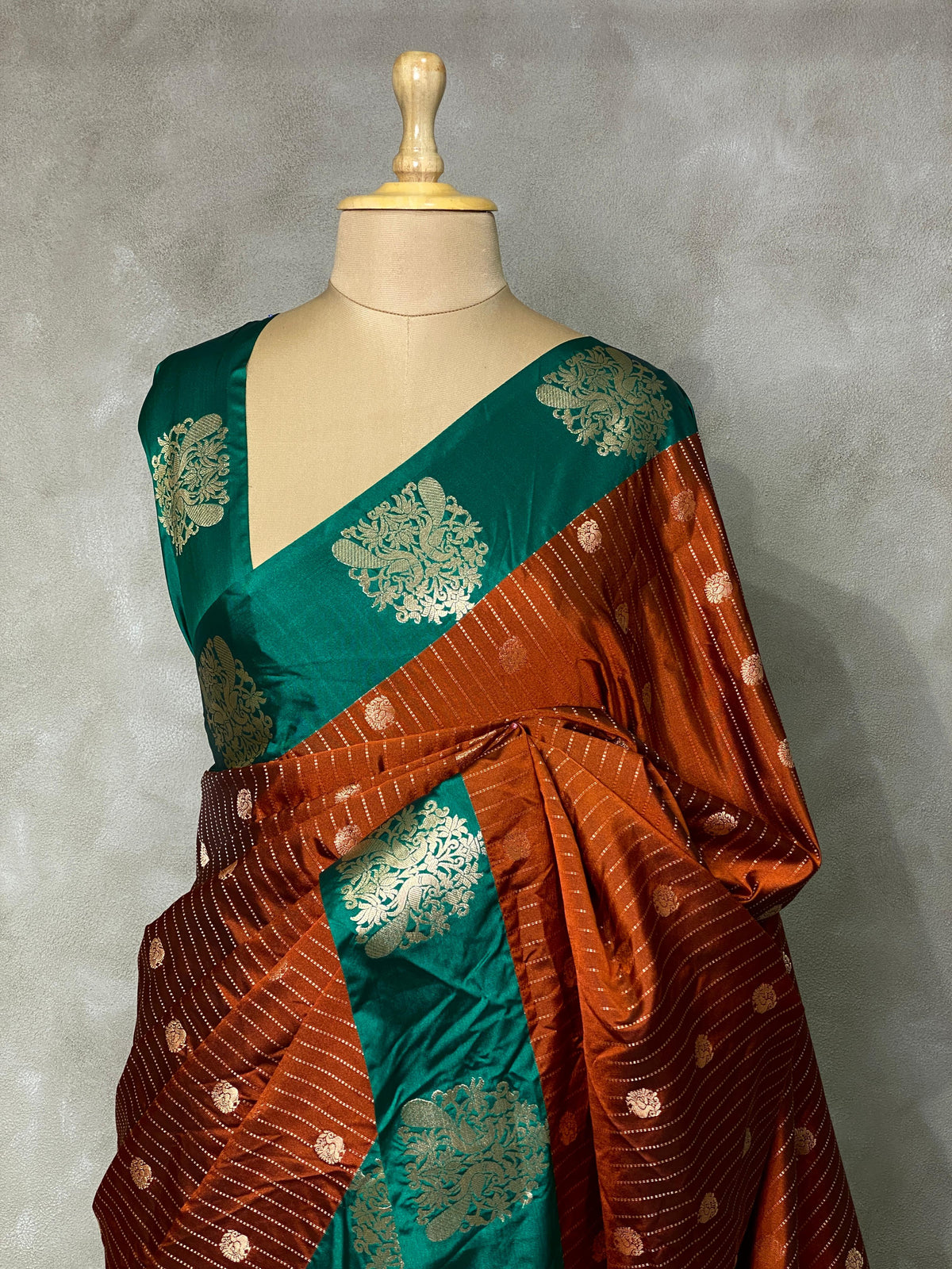 Golden Brown and green pure soft silk saree - PSOFT15