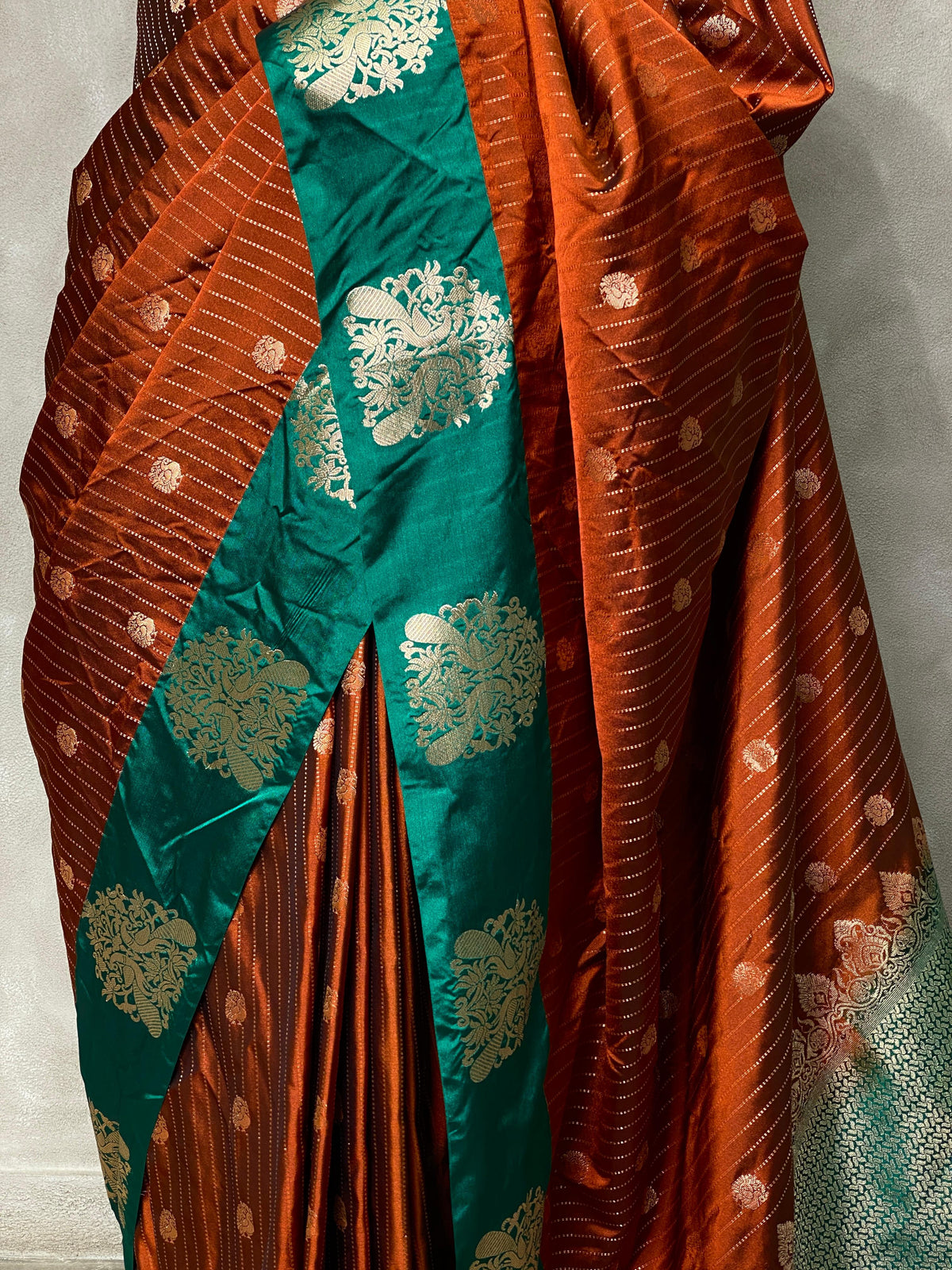 Golden Brown and green pure soft silk saree - PSOFT15