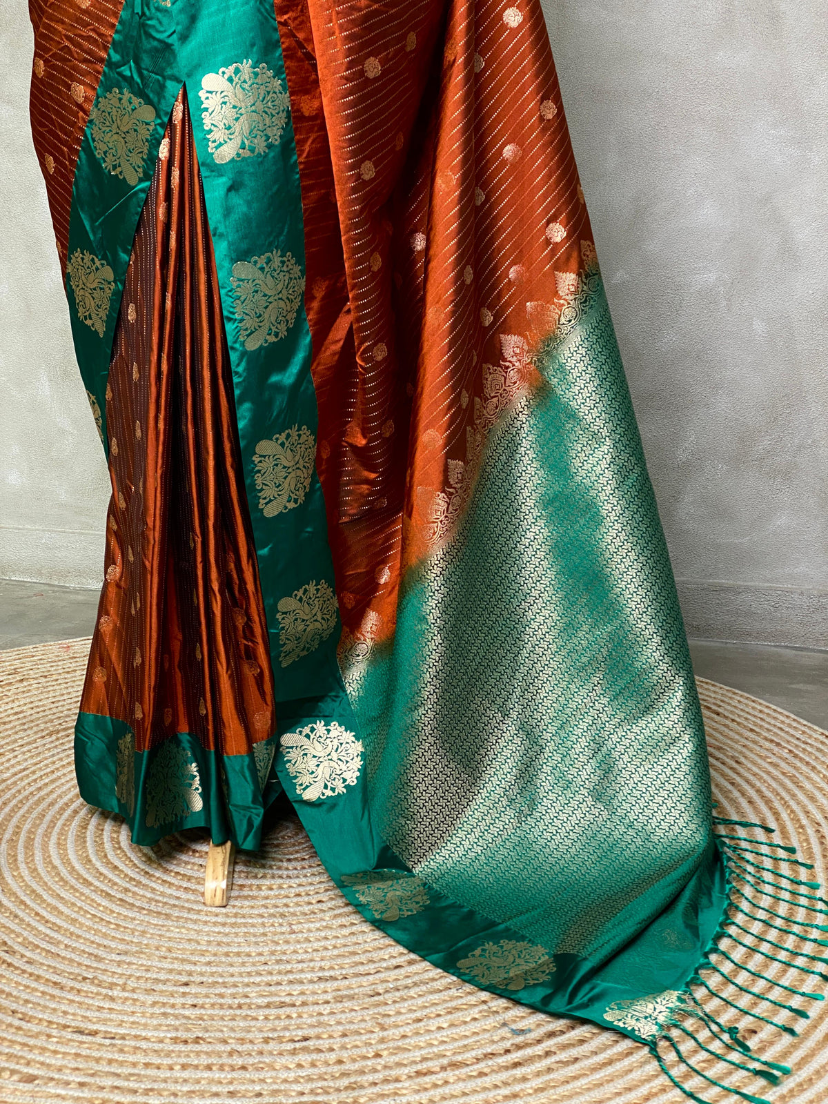 Golden Brown and green pure soft silk saree - PSOFT15