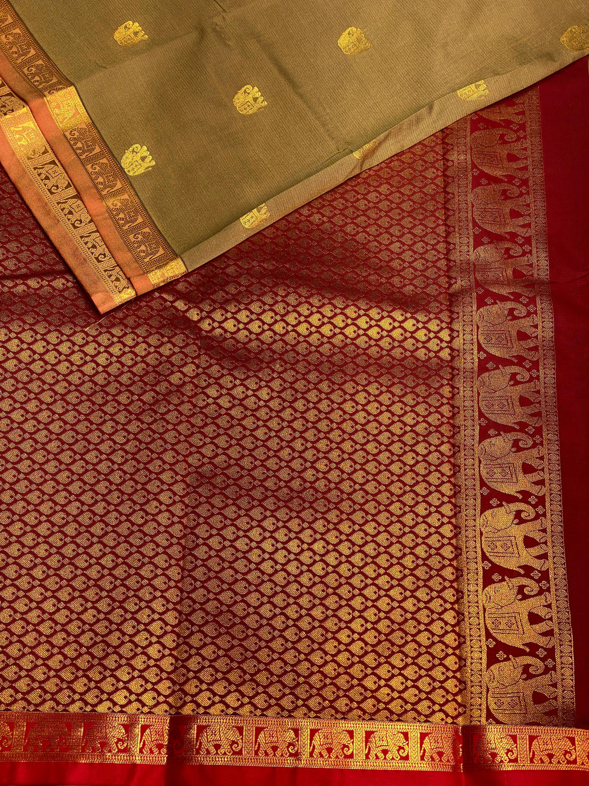 Sage green and maroon soft silk saree - PSE7