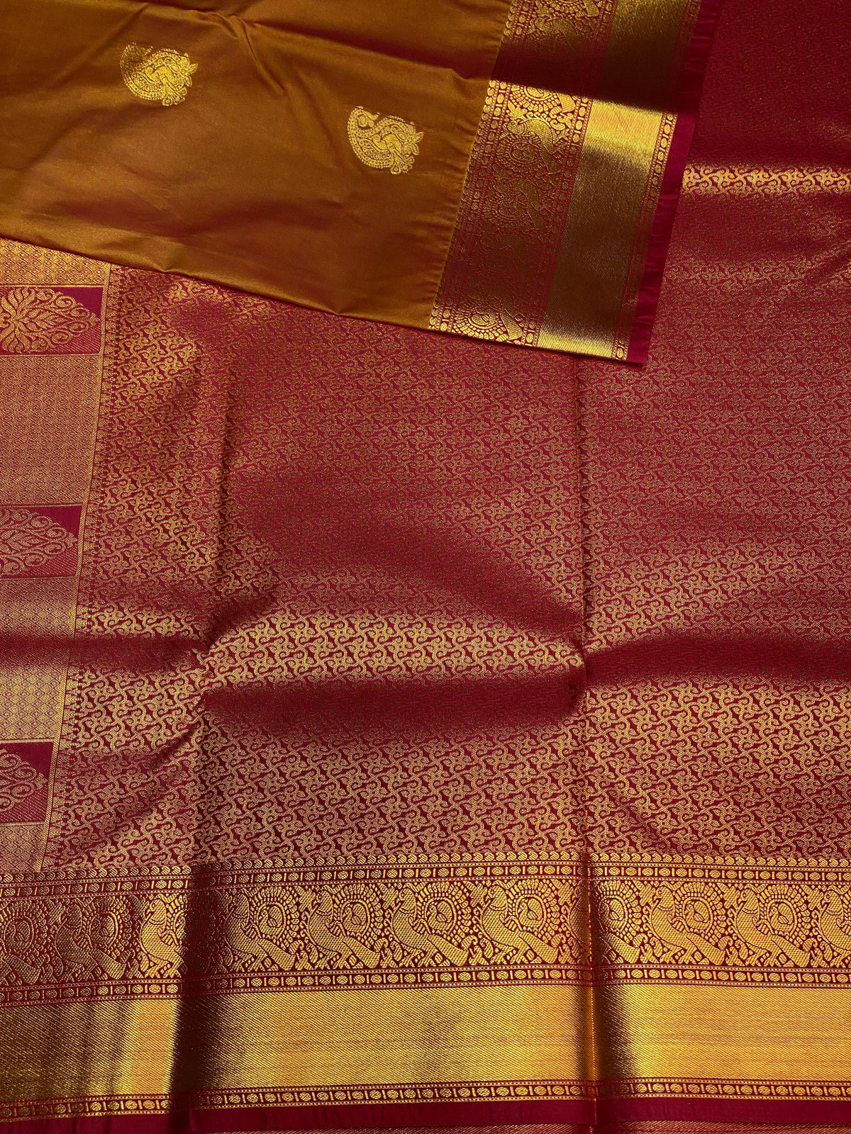 Deep golden yellow and maronn silk saree- PSSC7I