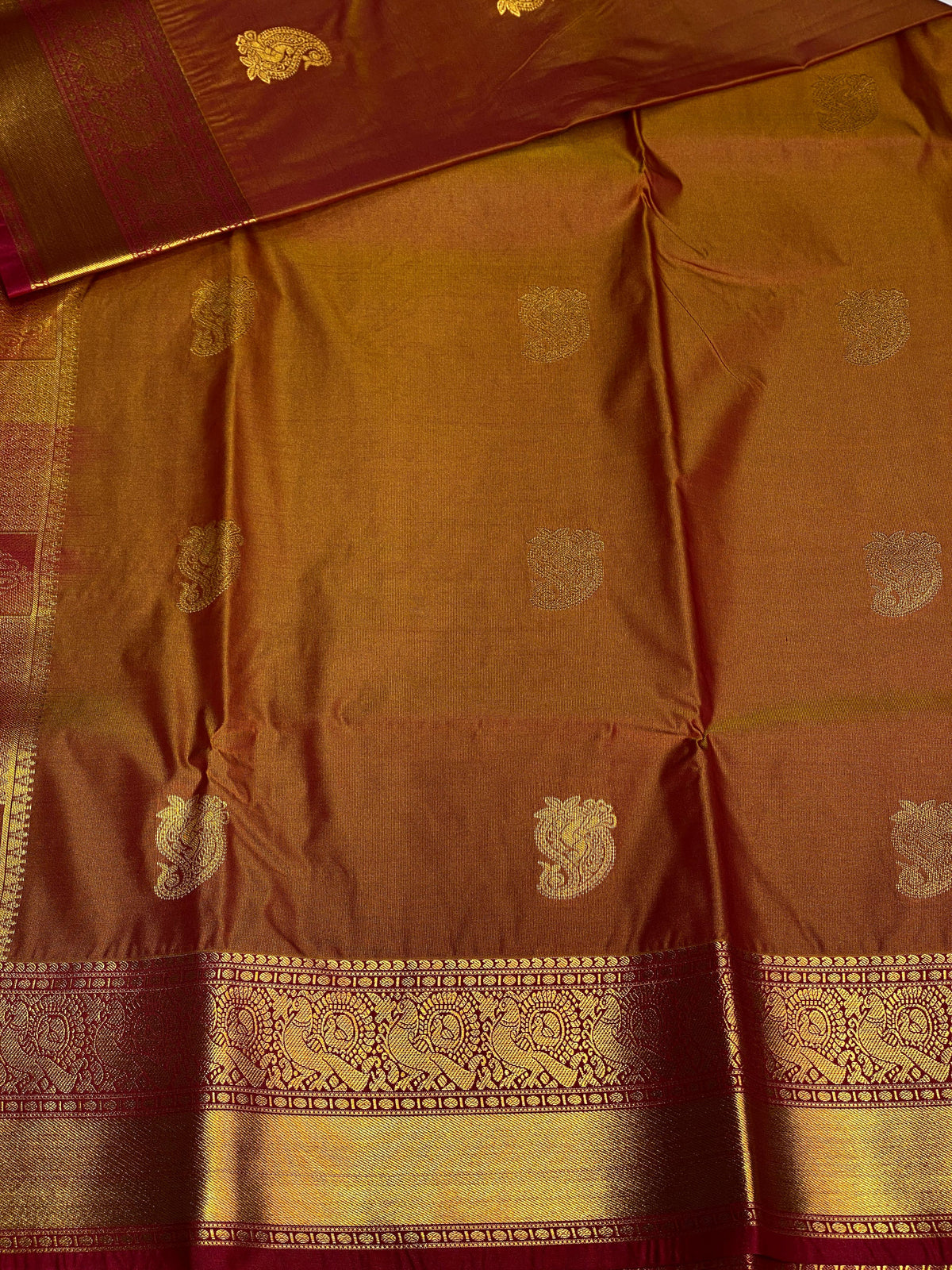 Deep golden yellow and maronn silk saree- PSSC7I