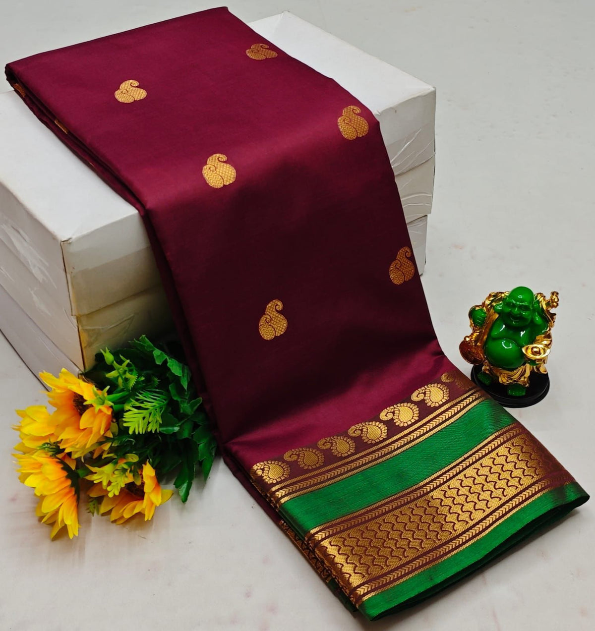 Maroon and green semi Kanchipuram Soft Silk saree - PSSON1