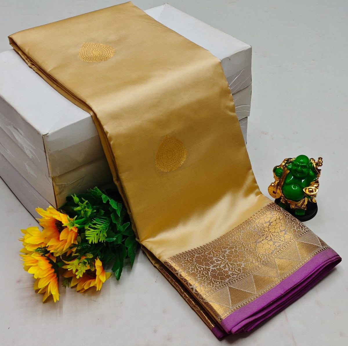 Beige and purple semi Kanchipuram Soft Silk saree - PSSON8