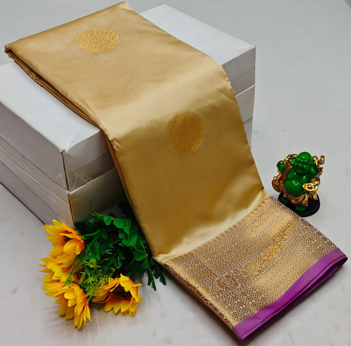 Beige and purple semi Kanchipuram Soft Silk saree - PSSON9