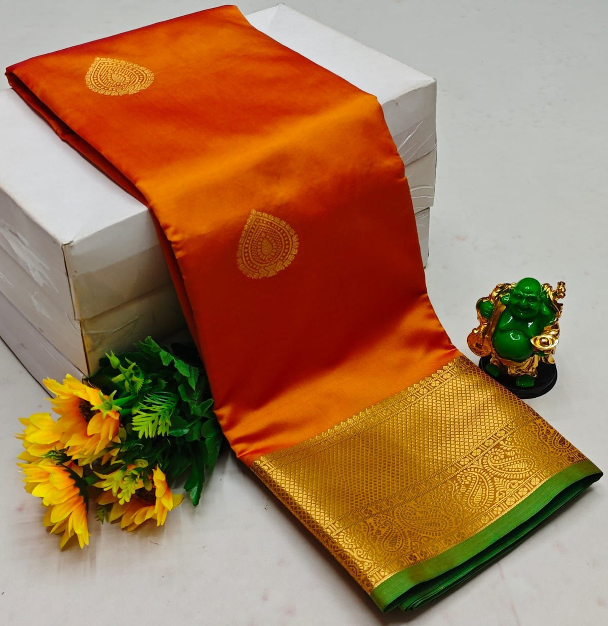 Mustard yellow and green semi Kanchipuram Soft Silk saree - PSSON17