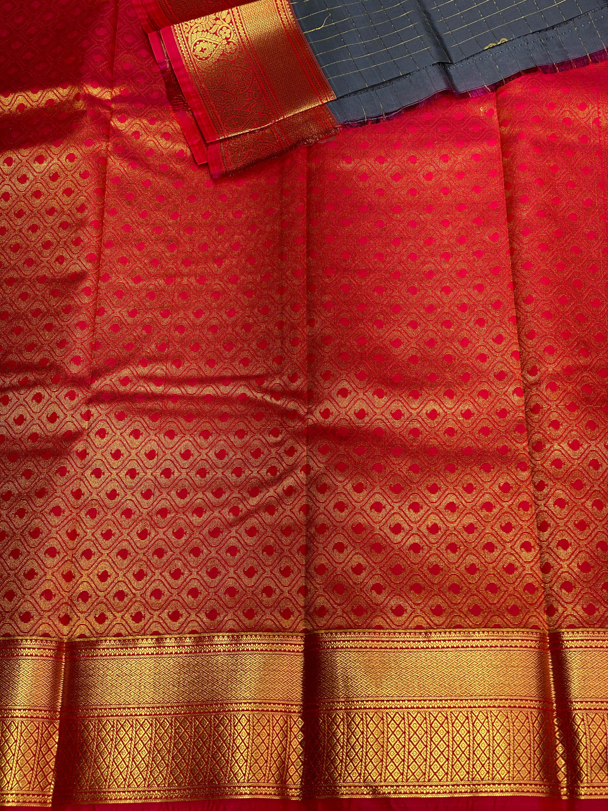 Dark grey and Red silk saree- PSSD2