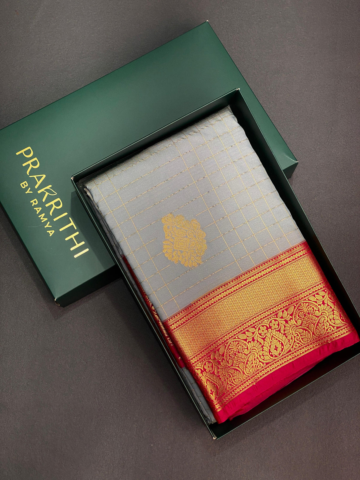 grey and red silk saree- PSSD4