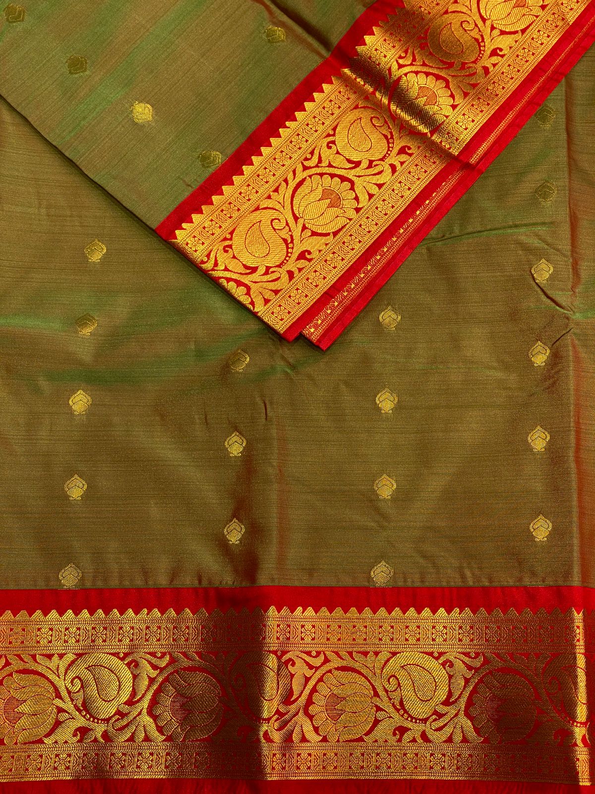 Golden green and red Kanchipuram Silk saree - PSK