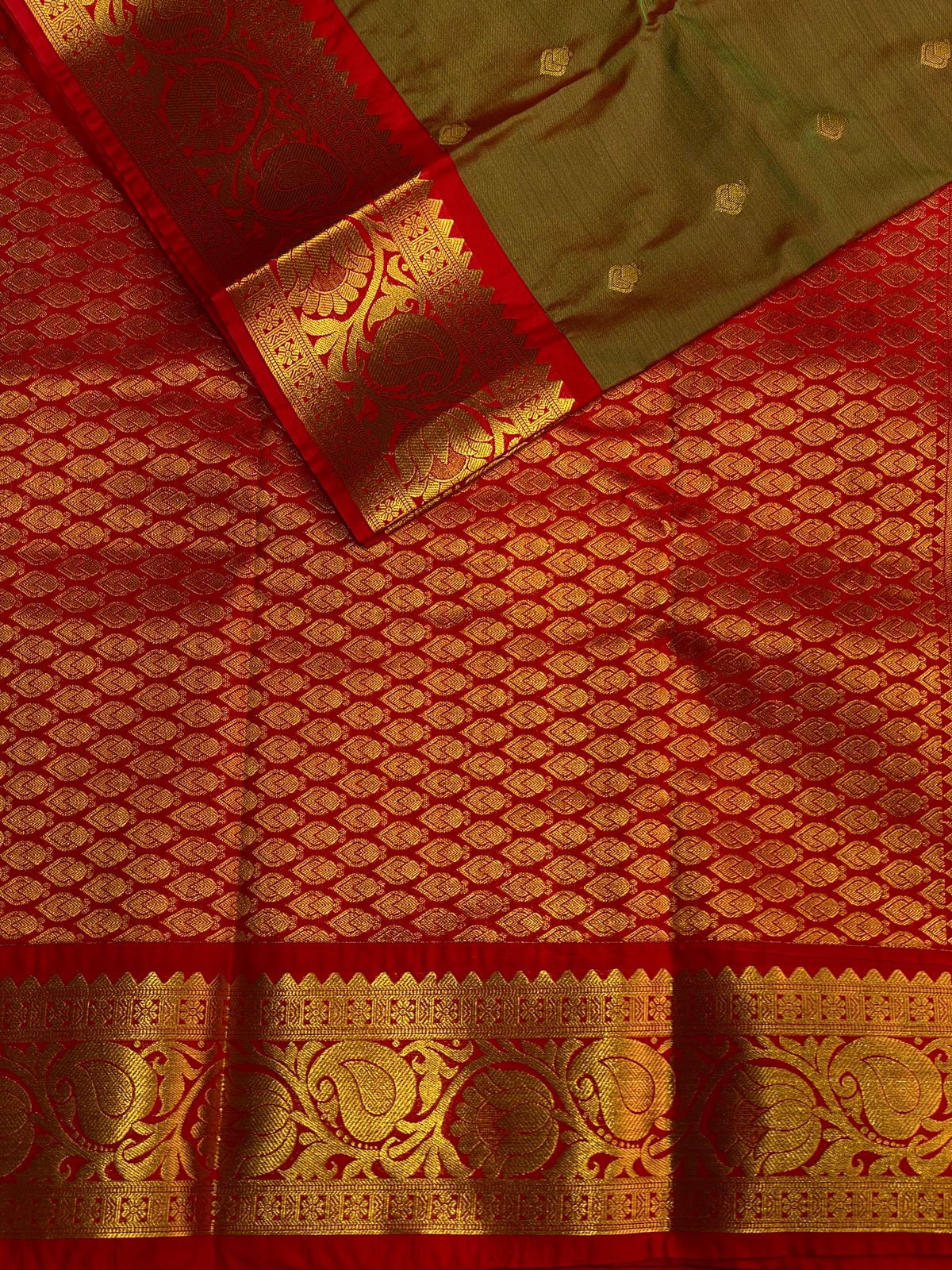 Golden green and red Kanchipuram Silk saree - PSK