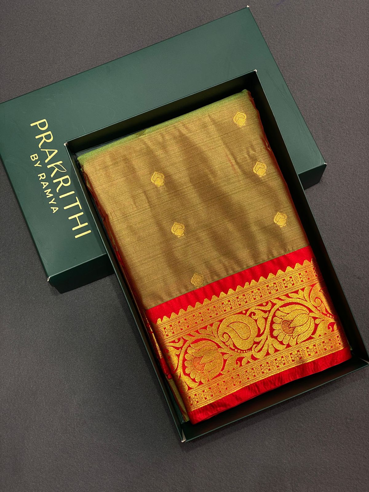 Golden green and red Kanchipuram Silk saree - PSK