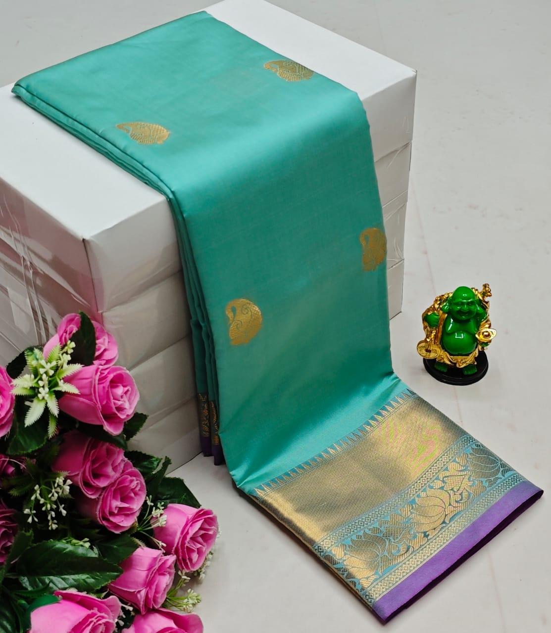 Sea Green and purple kanchipuram soft silk saree - PSEM2Ne