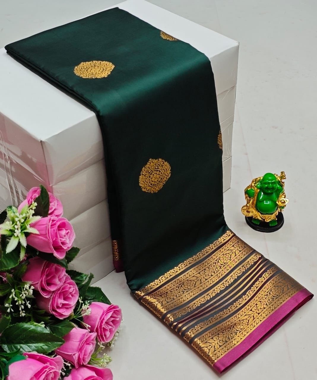 Dark green and purple kanchipuram soft silk saree - PSEM2Nc