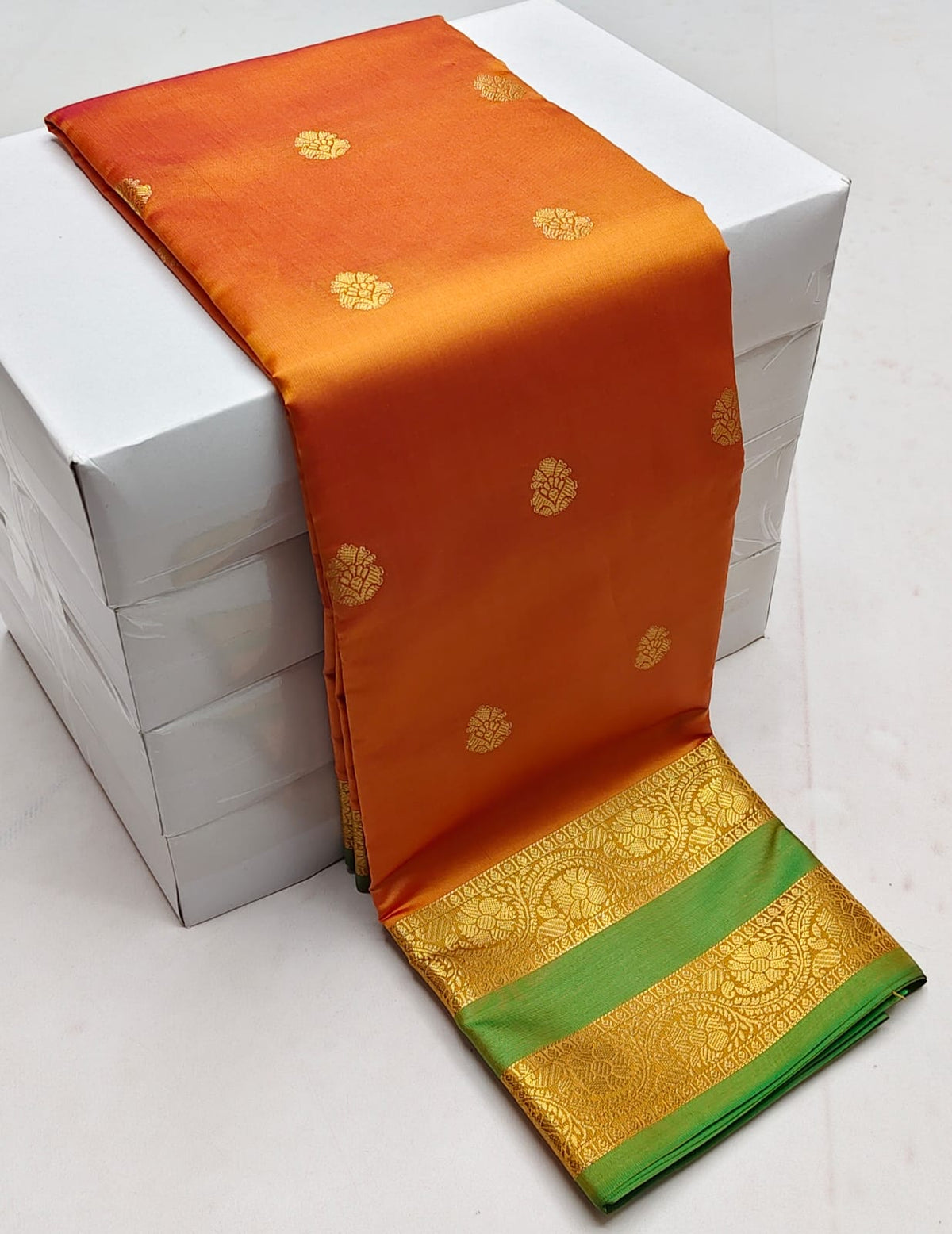 Mustard yellow and green kanchipuram soft silk saree - PSEM2Nb