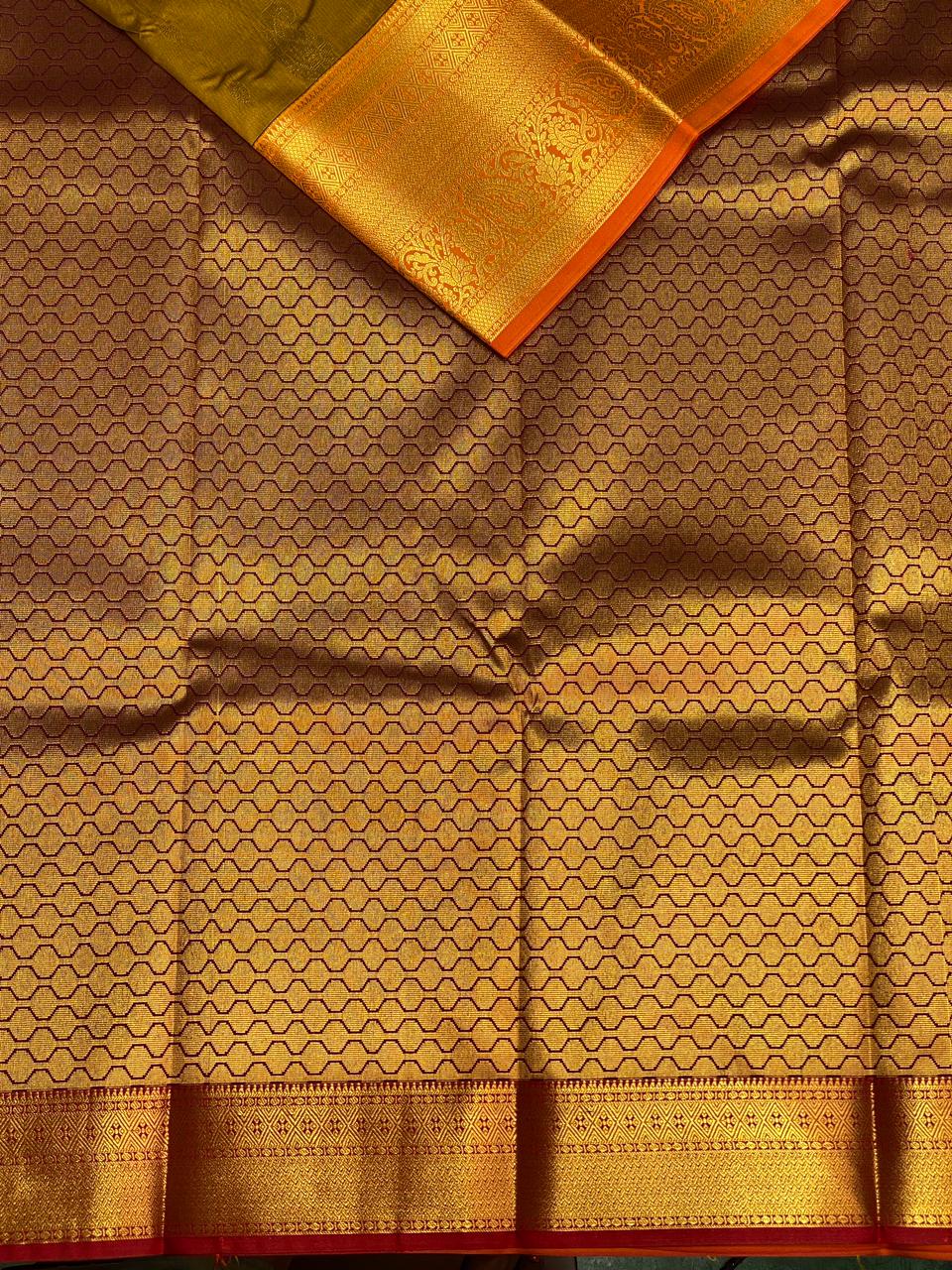 Yellowish olive green Kanchipuram Silk saree - PPSILKT