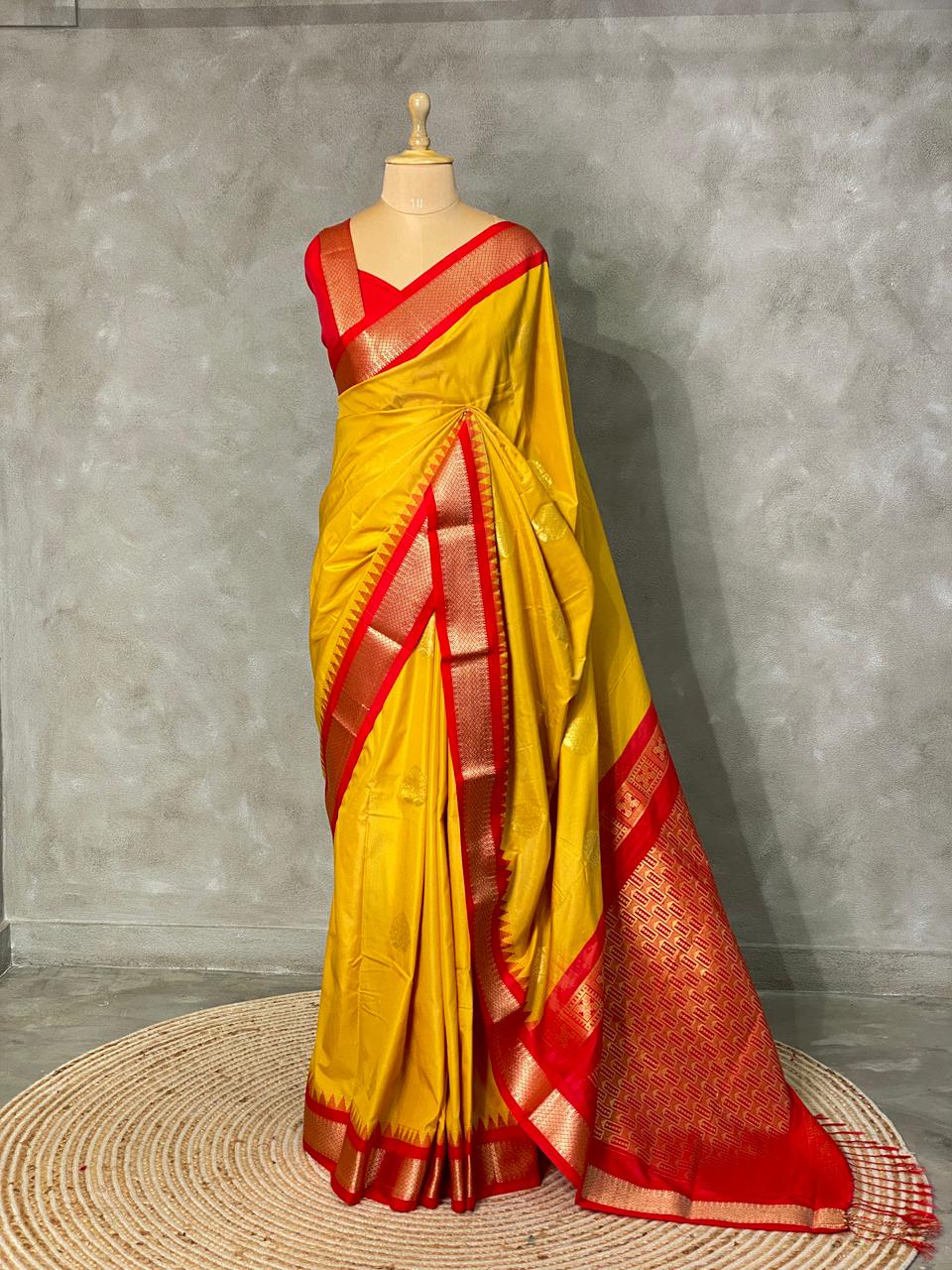 Yellow and red traditional kanchi silk saree - PSSYR