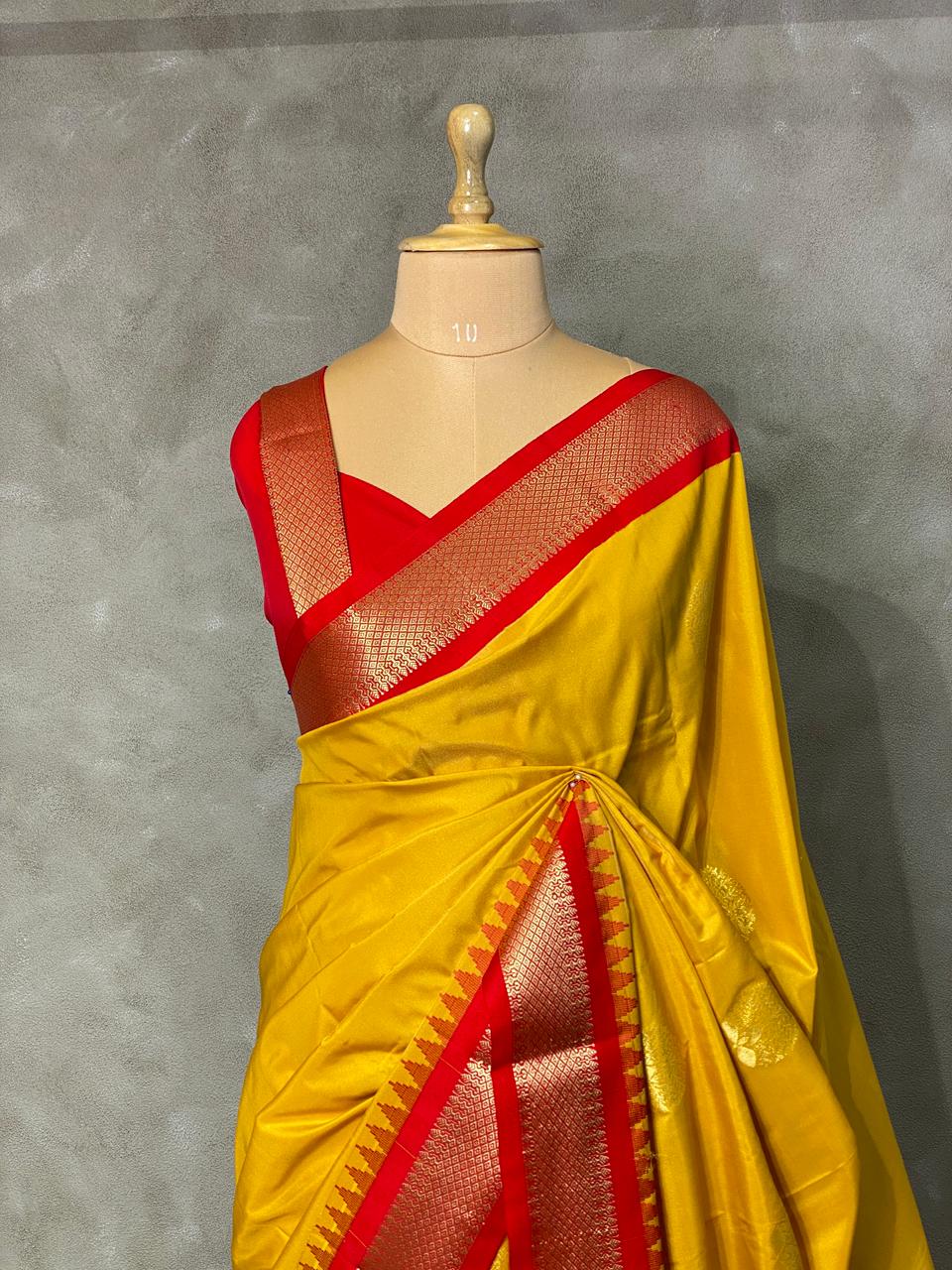 Yellow and red traditional kanchi silk saree - PSSYR