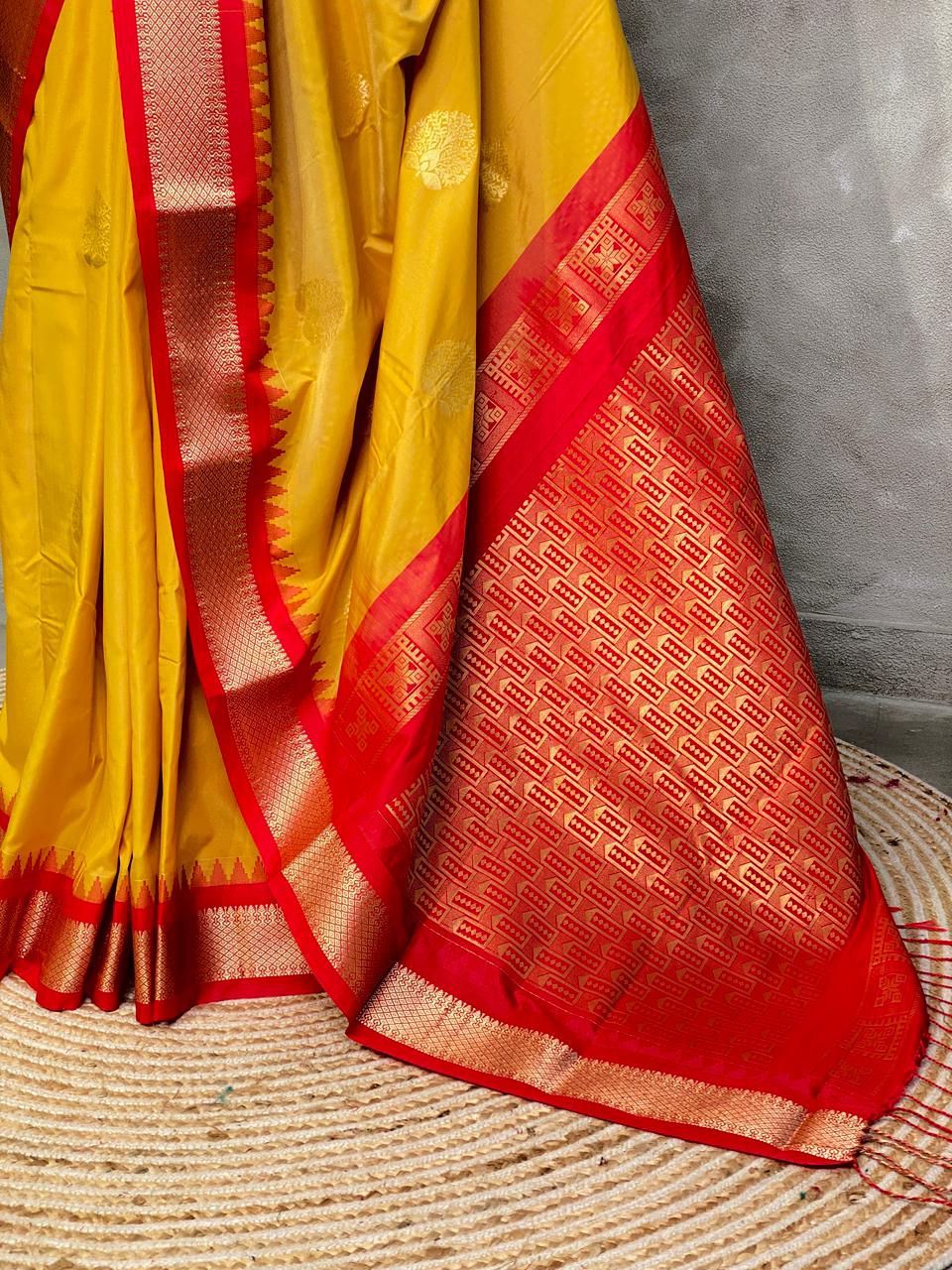 Yellow and red traditional kanchi silk saree - PSSYR