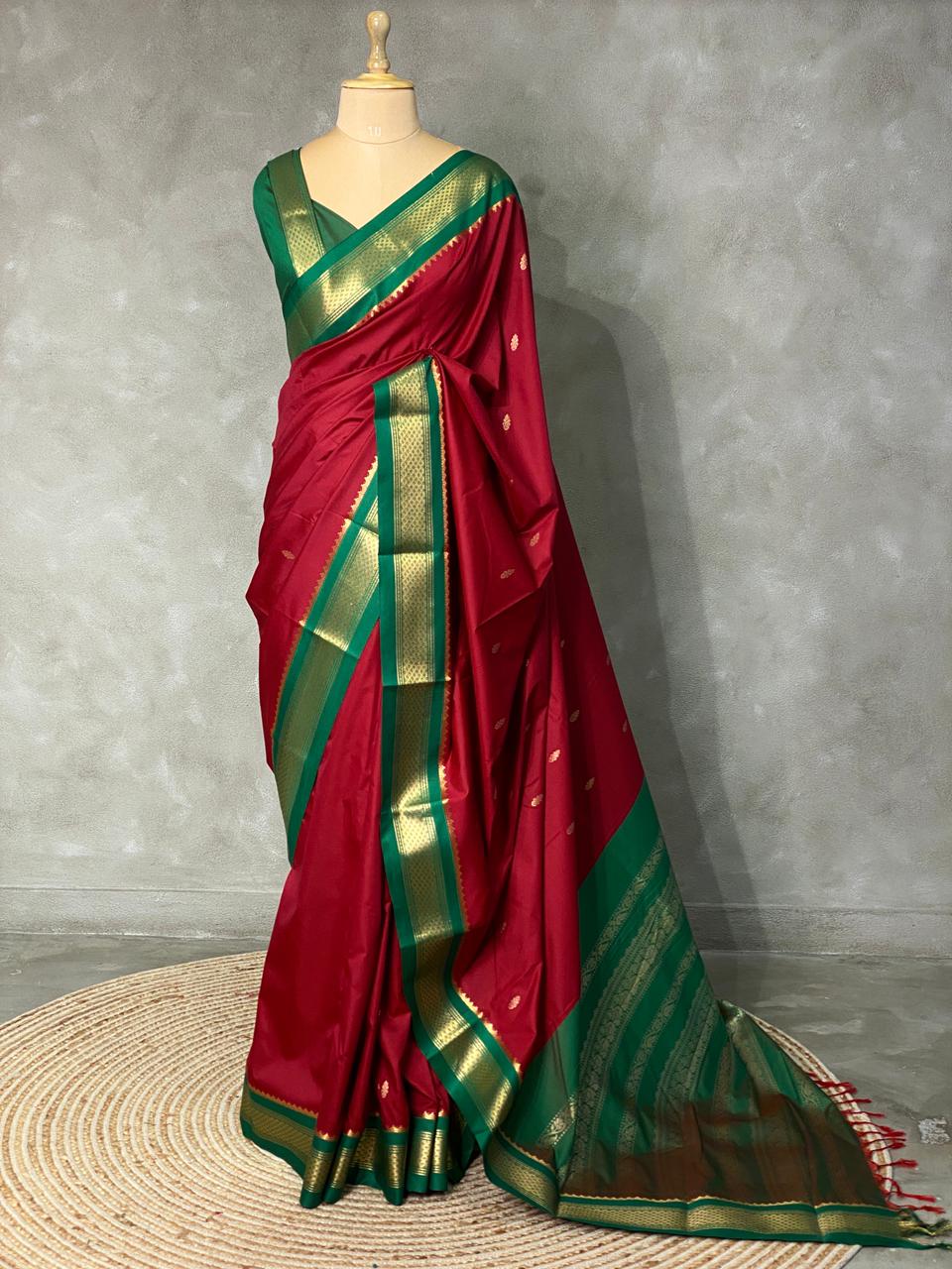 Maroon and green traditional kanchi silk saree - PSSMG