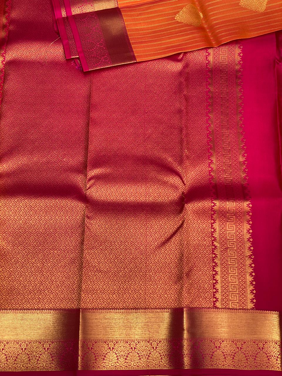 Mustard yellow and rani pink Pure Kanchipuram Silk saree - PPSILK12