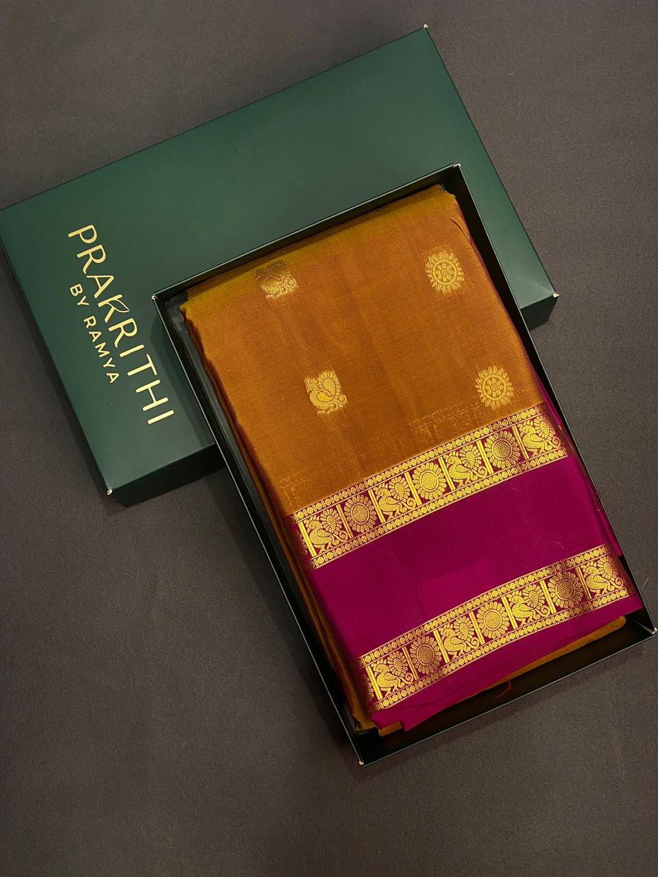 Dark mustard Yellow and purple pure Kanchipuram Silk saree - PPSILK39