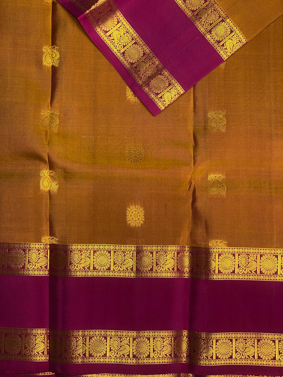 Dark mustard Yellow and purple pure Kanchipuram Silk saree - PPSILK39