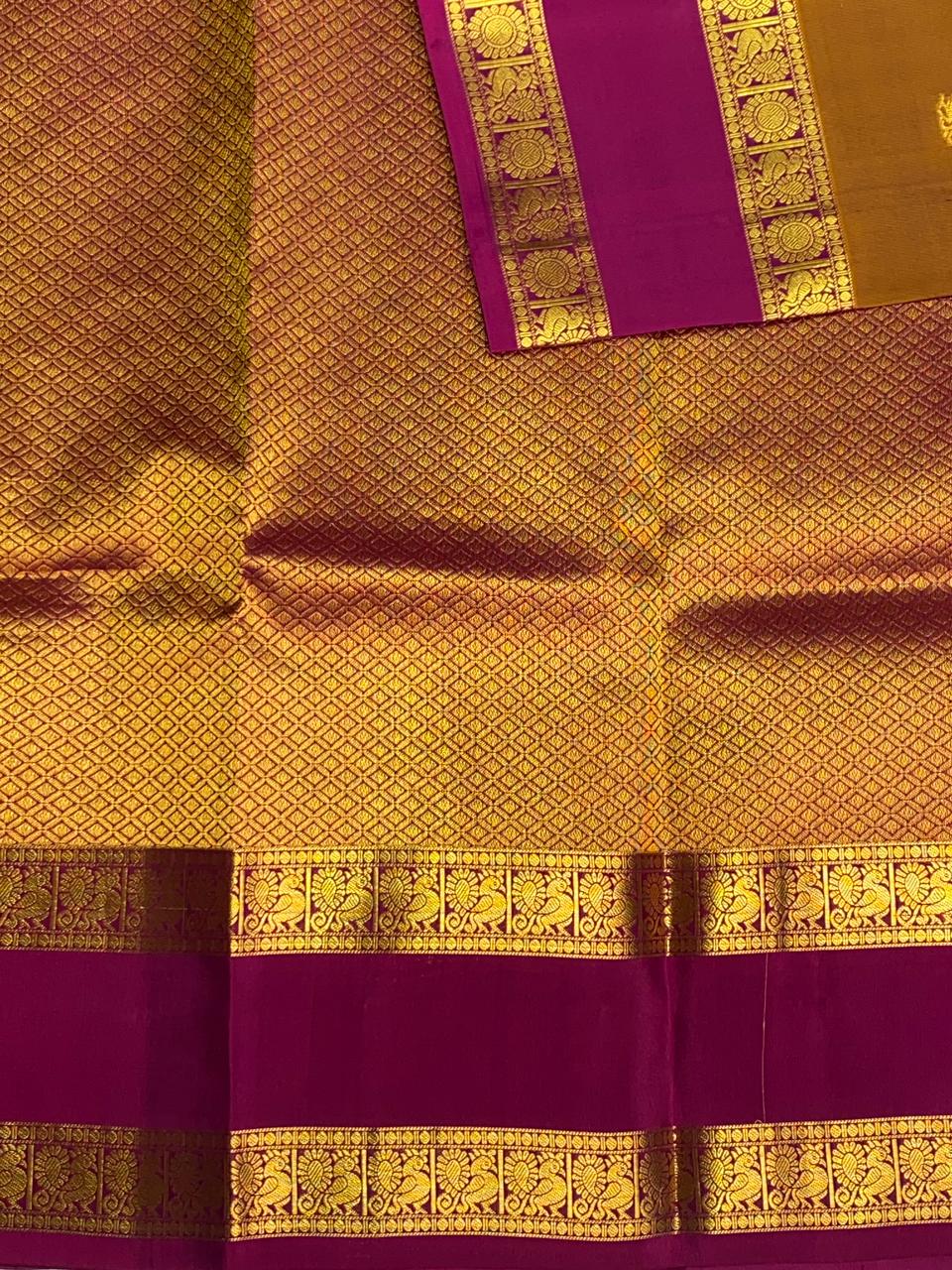 Dark mustard Yellow and purple pure Kanchipuram Silk saree - PPSILK39