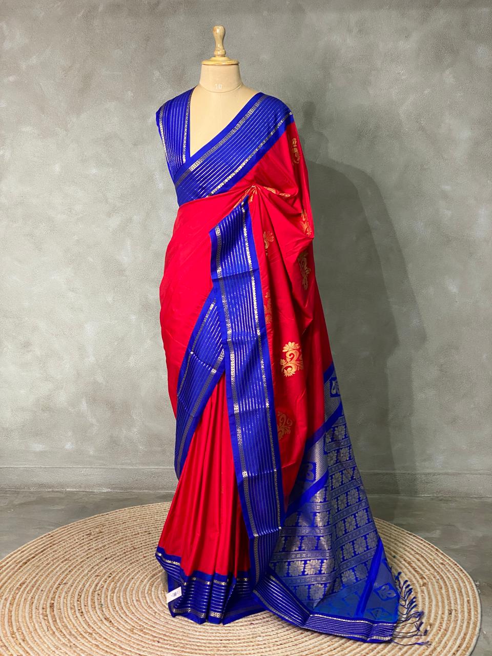 Red and Blue kanchi silk saree - PSSPN