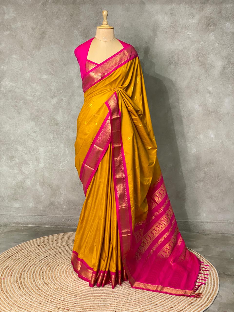 Yellow and magenta traditional kanchi silk saree - PSSMK