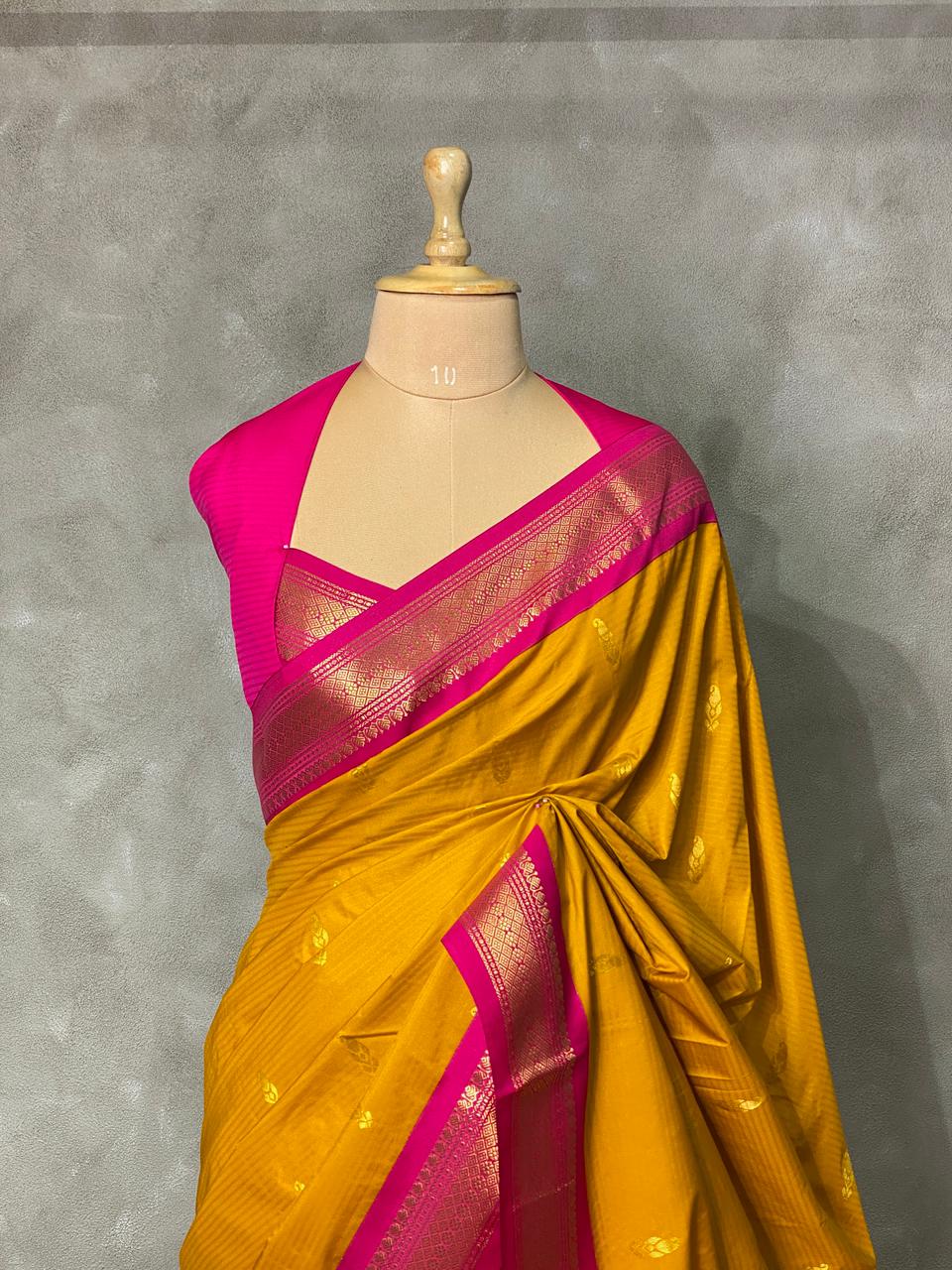 Yellow and magenta traditional kanchi silk saree - PSSMK
