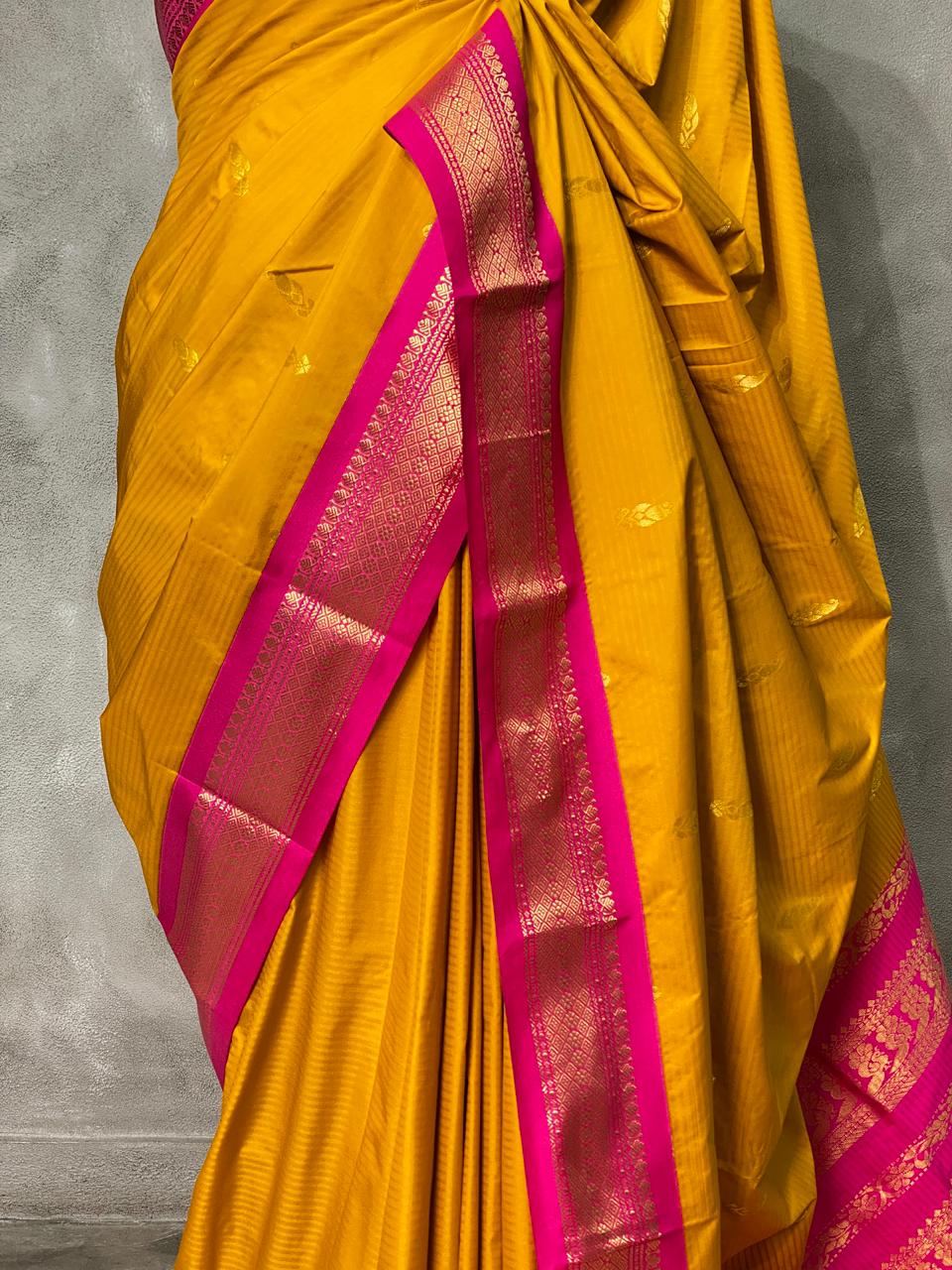 Yellow and magenta traditional kanchi silk saree - PSSMK