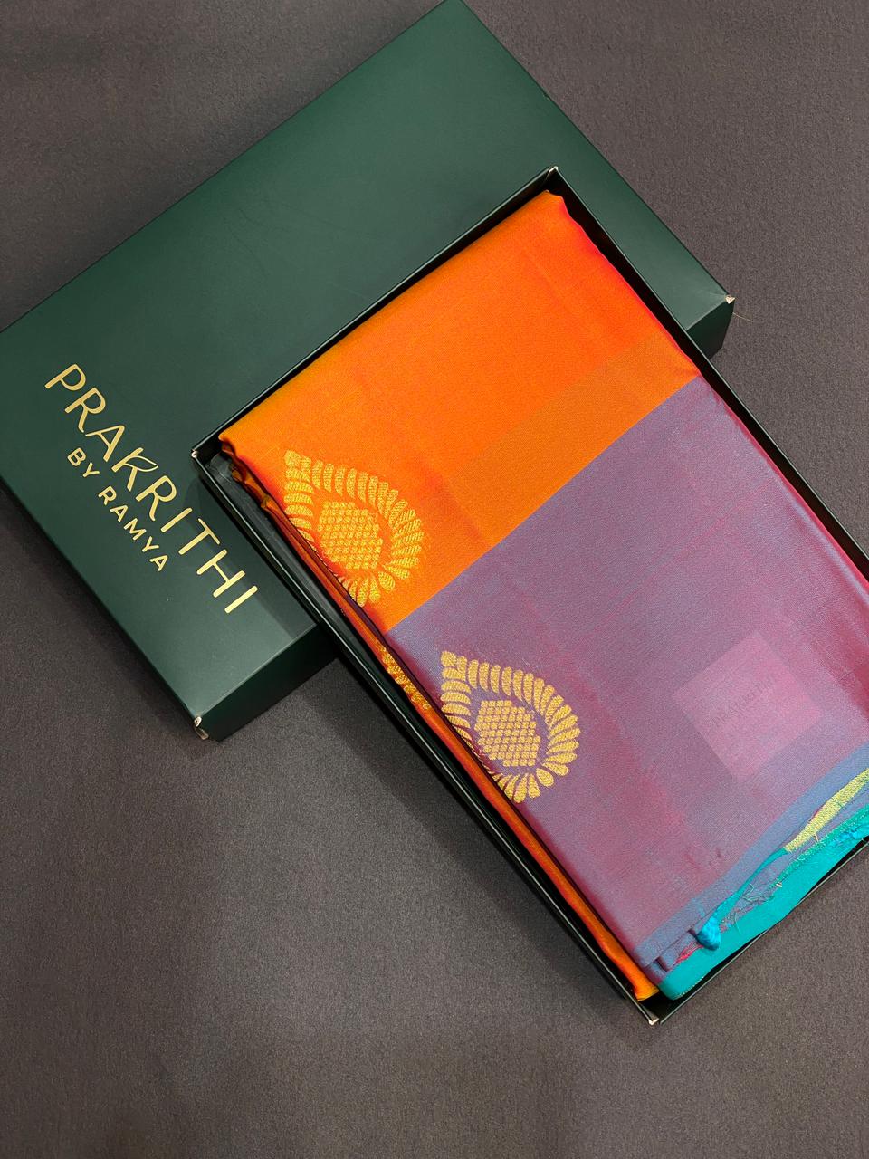 Orange and blue pure Kanchipuram Silk saree - PPSILK31