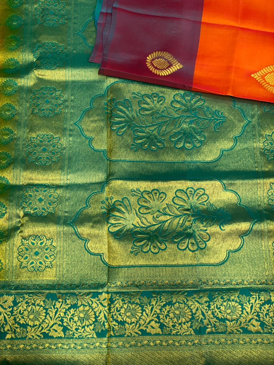 Orange and blue pure Kanchipuram Silk saree - PPSILK31