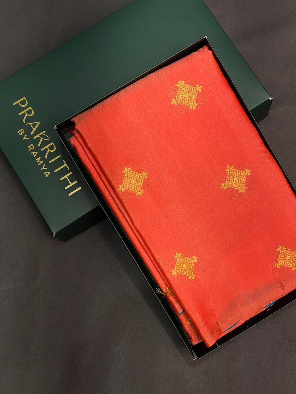 Dark peach and blue pure Kanchipuram soft Silk saree - PPSILK25
